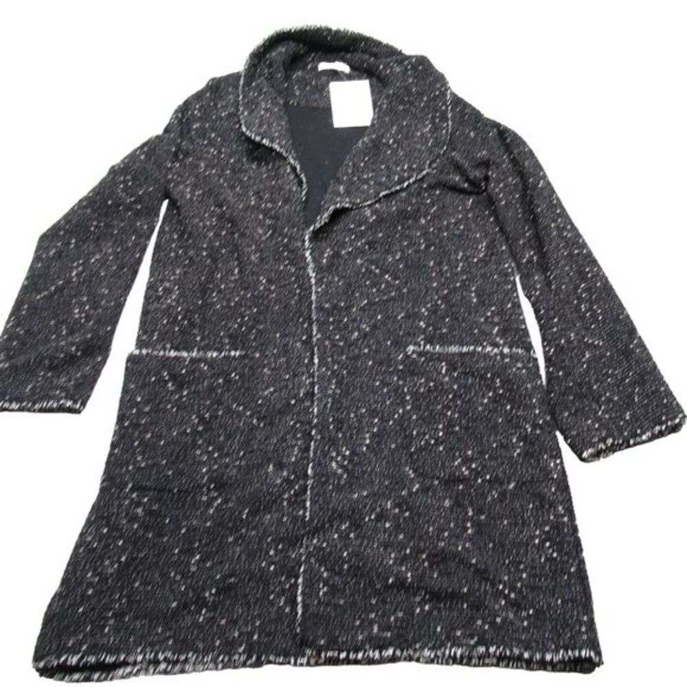 Max Studio Cardigan Sweater Womens Medium‎ Black White Open Front Frayed Trim